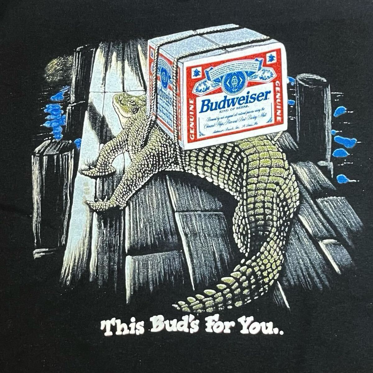 Budweiser バドワイザー ビールTシャツ ワニ 爬虫類 両面プリント 企業物 90s セール 黒 動物 beer STP USA y2k 製 ヴィンテージ ビアマグ拍卖