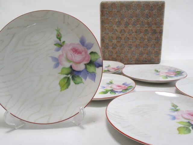 未使用 オールドノリタケ 手描き薔薇 ラスター仕上げ プレート16cm 6枚 パン皿 ケーキ皿 日本陶器拍卖