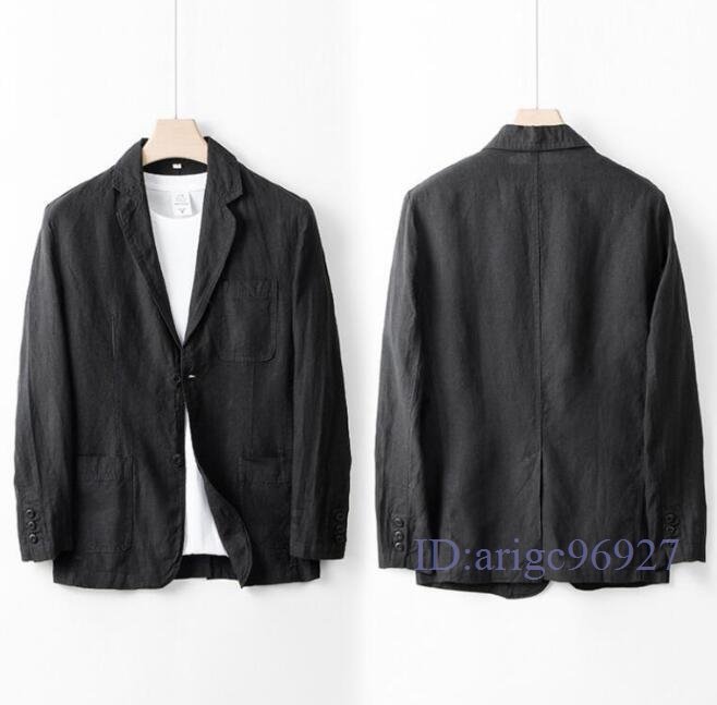 R062☆新品超レア メンズ テーラードジャケット 最高級 リネン 麻 春夏 ブレザー デザイナーズ 紳士服 スーツ 無地 アウター 背広 黒 S~2XL拍卖