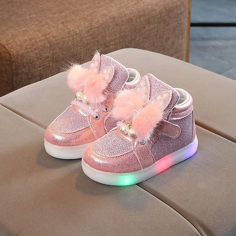 14cm キッズ 光る スニーカー シューズ 靴 LED キラキラ かわいい 韓国 うさ耳 ふわふわ 女の子 子ども お揃い ダッド ピンク GH0110拍卖