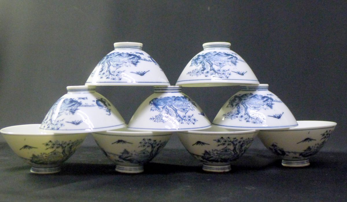 h◆319 有田焼 染付 印判手 山水文 飯碗 茶碗 9客揃 和食器 骨董 アンティーク /60拍卖