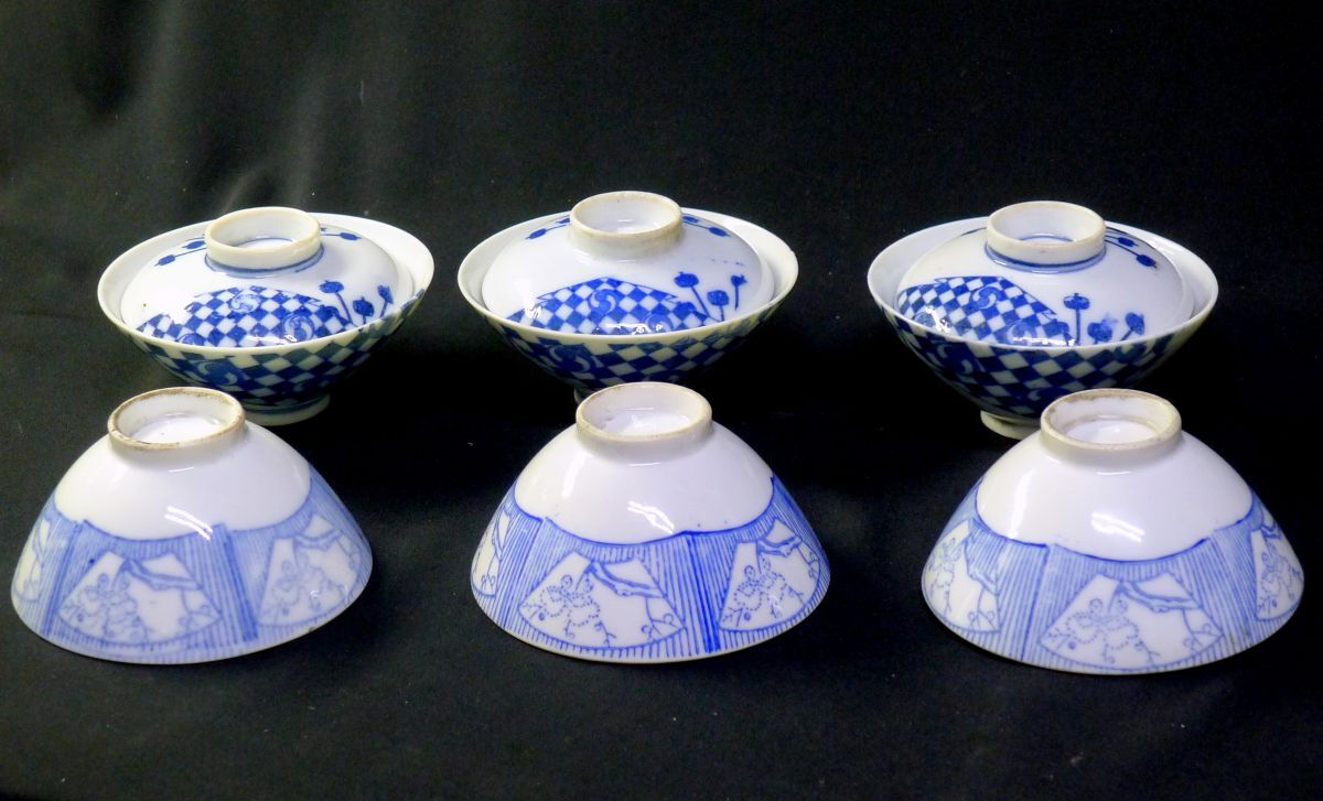 h◆321 染付 印判手①市松文様に右二つ巴紋・槌紋 蓋付 飯碗 茶碗 3客揃②梅窓絵文 飯碗 茶碗 3客揃/60拍卖