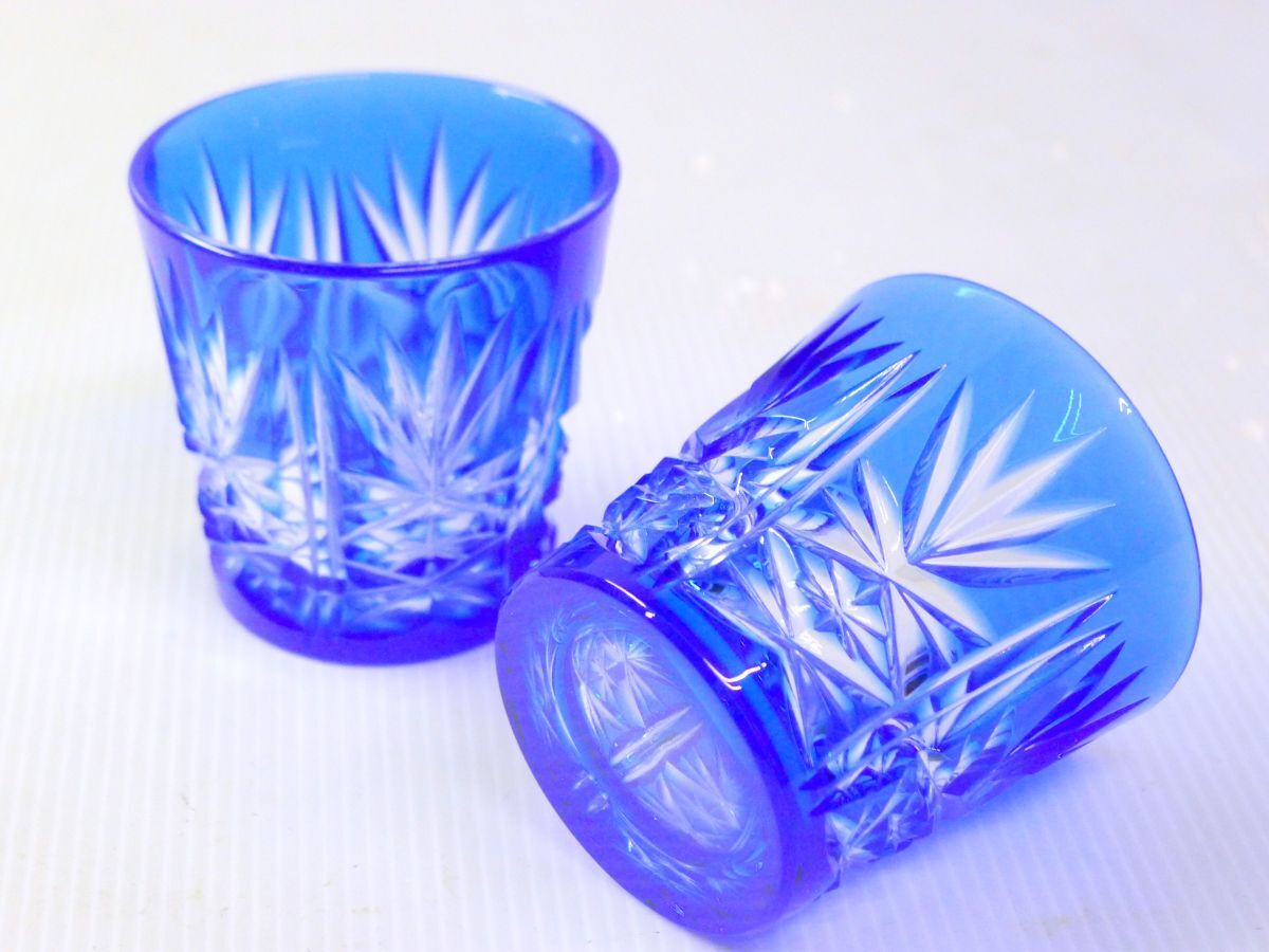 h◆308 カメイガラス クリスタルダルク 青色被切子 ロックグラス オールドグラス ペアグラス レトロ アンティーク/60拍卖