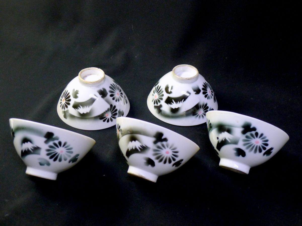 h◆320 昭和初期 黒染付 印判手 菊に富士山文 飯碗 茶碗 5客揃 和食器 骨董 アンティーク/60拍卖