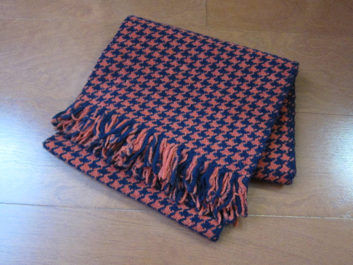 マーガレットハウエル/ウール 千鳥格子 チェック マフラー オレンジ×ネイビー イギリス製拍卖