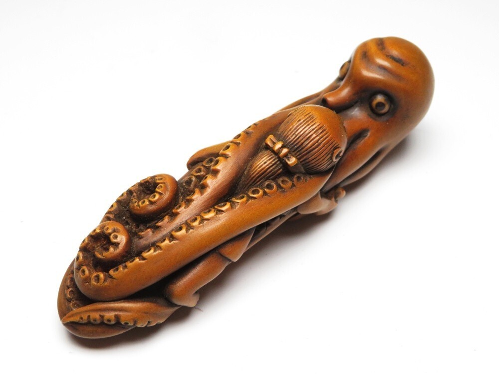 【11454】明治期 堤物 木製 蛸 人物 根付(初品・買取品)拍卖