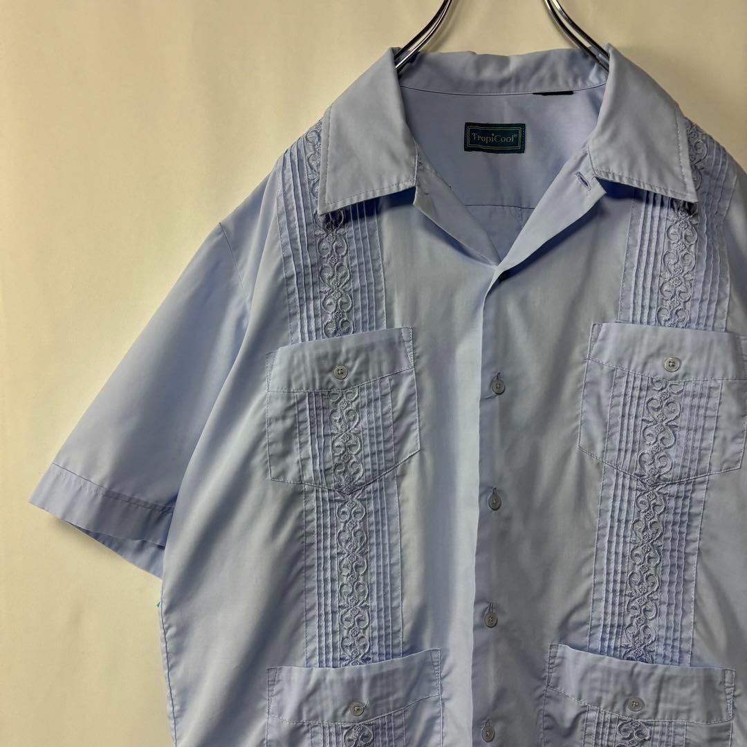 キューバシャツ オープンカラーシャツ ブルー ブルー 古着 メキシカンシャツ拍卖