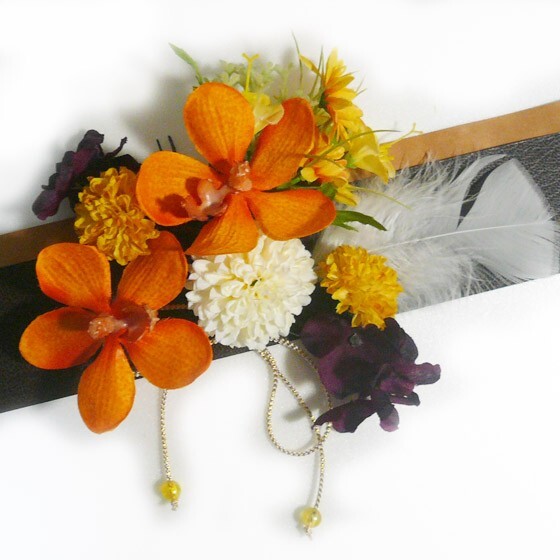 髪飾り 花 ランと小花 オレンジ 白 成人式 結婚式 振袖 卒業式 袴 浴衣 アートフラワー(2)拍卖