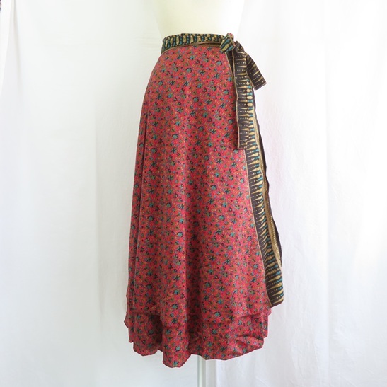 〓 新品 〓 巻きスカート 〓 ラップスカート エスニック アジアン 2枚重ね サリー生地 レンガ 民族衣装 おしゃれ 〓A076拍卖