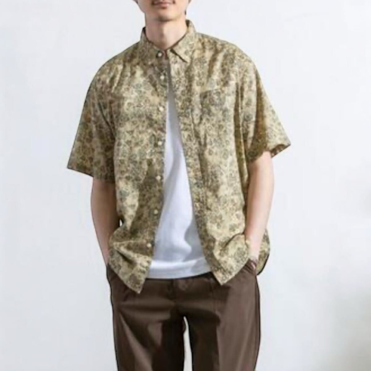 【送料無料】coen コーエン バティックプリント半袖シャツ 総柄 ボタンダウン 綿100% ペイズリー ブラウン系 メンズM 夏用拍卖