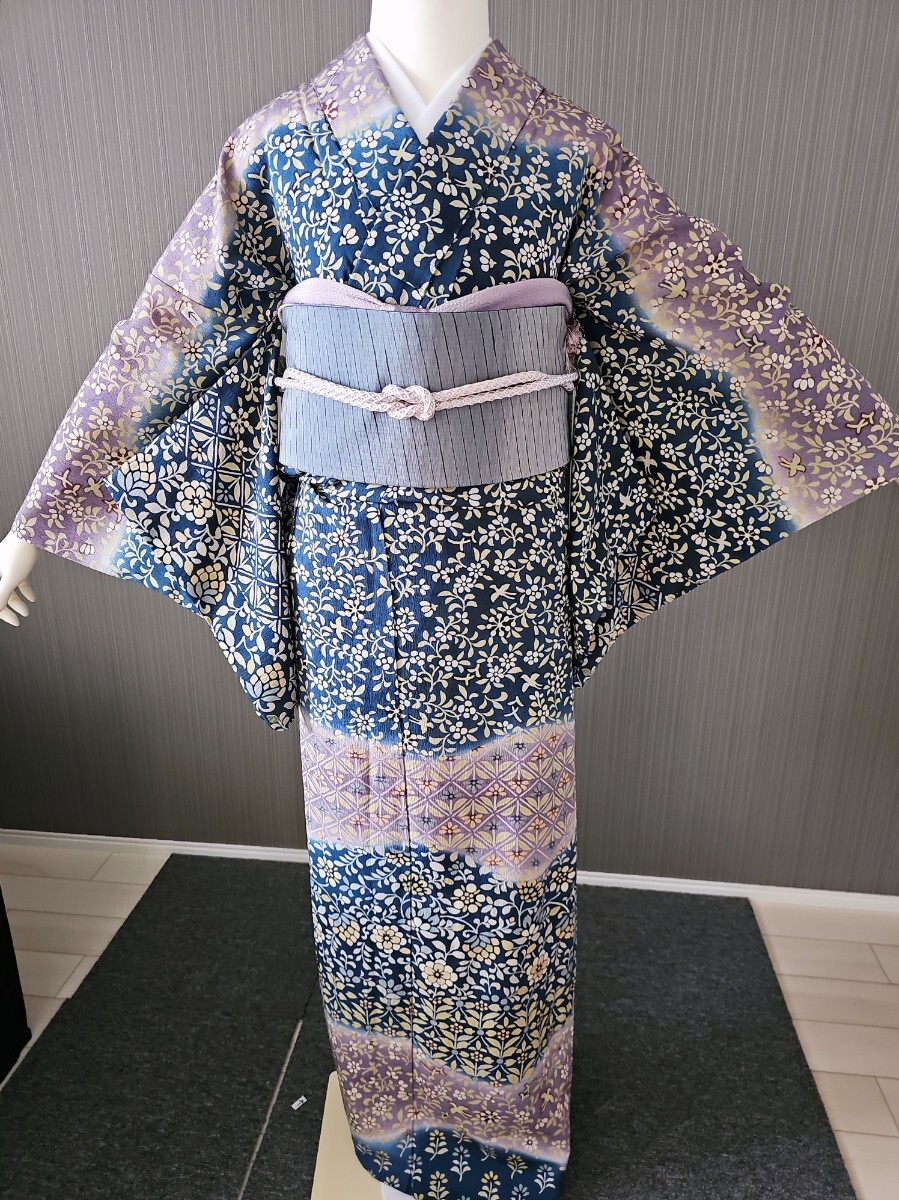 すずや■203【単衣】正絹手染め紬訪問着 裄丈67.5cm 着丈165cm 藍系拍卖