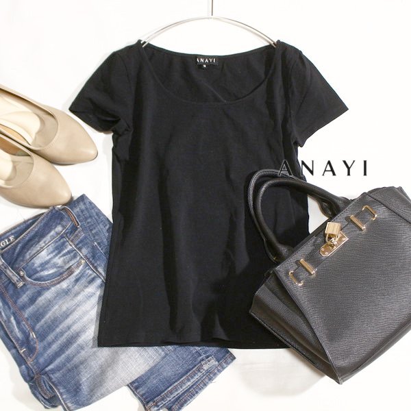 美品 ANAYI アナイ 綺麗め 細身 ストレッチ Tシャツ 38号 M 春 夏 25D05拍卖