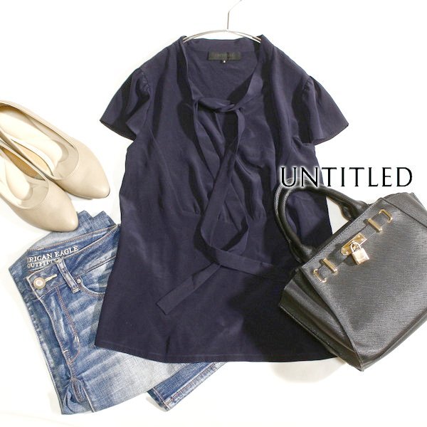 美品 UNTITLED アンタイトル 綺麗め ボウタイ さらっと とろみ カットソー 2号 M 春 夏 25E07拍卖