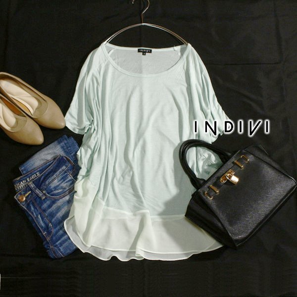 美品 INDIVI インディヴィ ゆったり綺麗め 裾シフォン ストレッチ カットソー 38号 M 春 夏 25E07拍卖
