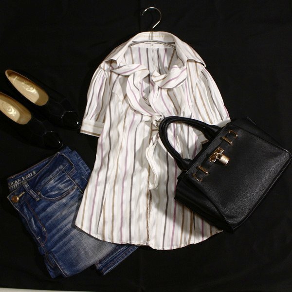 美品 NARACAMICIE ナラカミーチェ 綺麗め マルチストライプ ストレッチ ブラウス 1号 M 春 夏 25A08拍卖