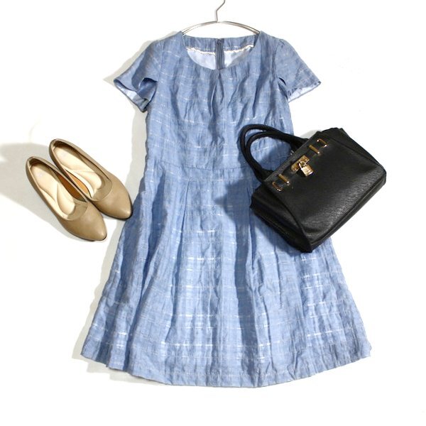 美品 Flor by Rew de Rew フロールバイルゥデルゥ 可愛い格子柄 コットンワンピース 40号 L 春 夏 25B08拍卖