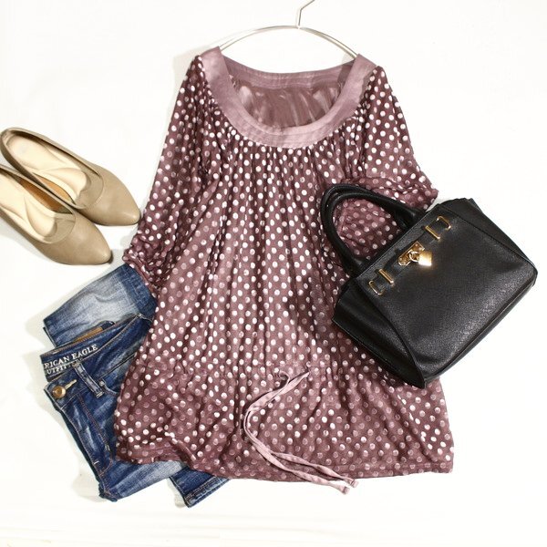 美品 grove グローブ 可愛い フロッキードット柄 裏地付き 透けチュール ストレッチ カットソー M 春 秋 25B08拍卖