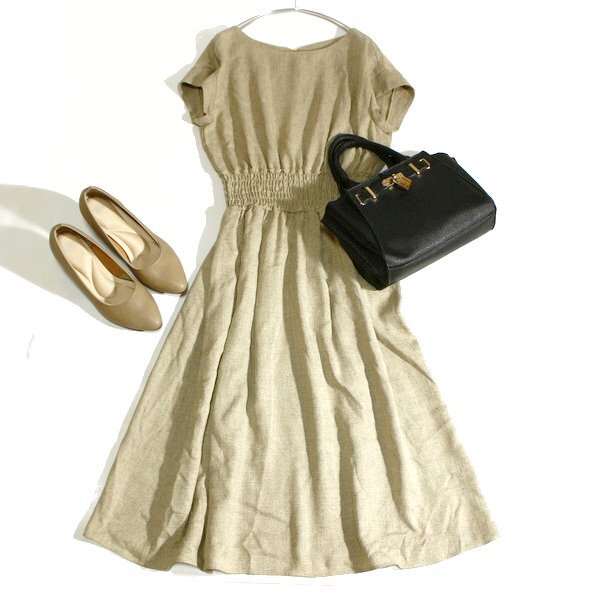 美品 NOLLEY'S ノーリーズ 綺麗め ウエストゴムギャザー ブッチャー生地 ワンピース 38号 M 春 夏 25D07拍卖