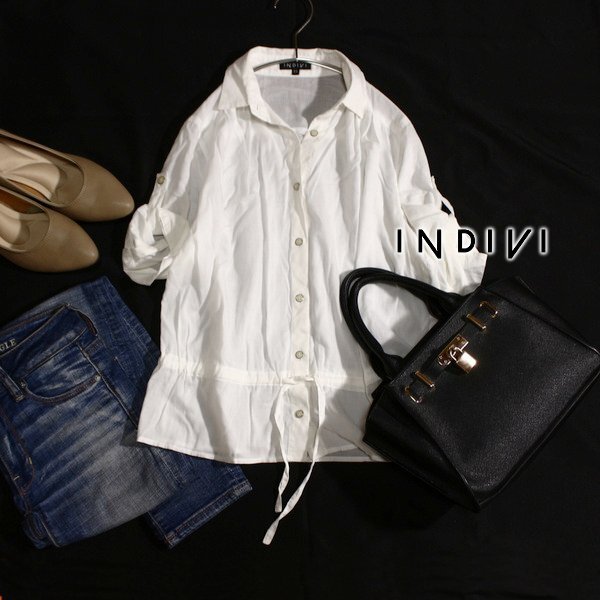 美品 INDIVI インディヴィ 2Wayロールアップ コットンシャツ 05号 XS 春 夏 25A06拍卖