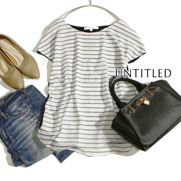 美品 UNTITLED アンタイトル 大人可愛い 内側ロゴ シフォン切り替え バックストレッチ カットソー 2号 M 春 夏 25E05拍卖