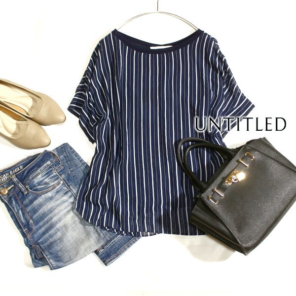 美品 UNTITLED アンタイトル 綺麗めストライプ柄 シフォン カットソー 2号 M 春 夏 25E05拍卖