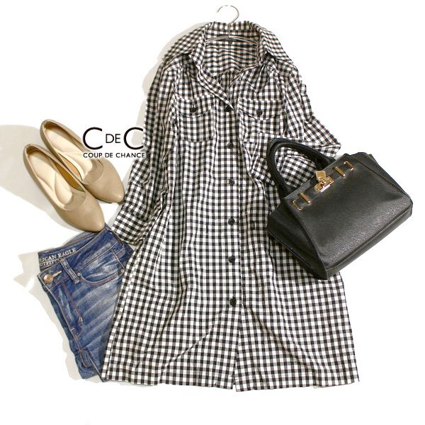 美品 COUP DE CHANCE クードシャンス 2Wayロールアップ 可愛いチェック柄 コットン シャツチュニック 38号 M 春 夏 25D03拍卖