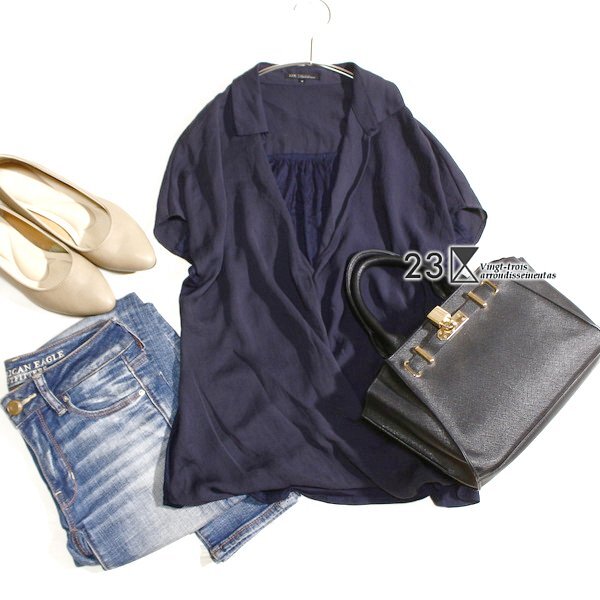 美品 オンワード樫山 23区 とろみ切り替え バックストレッチ カットソー 38号 M 春 夏 25B07拍卖