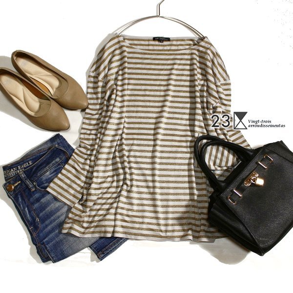 美品 オンワード樫山 23区 ゆったり可愛い ボーダー柄の ストレッチ カットソー 38号 M 春 秋 25C08拍卖