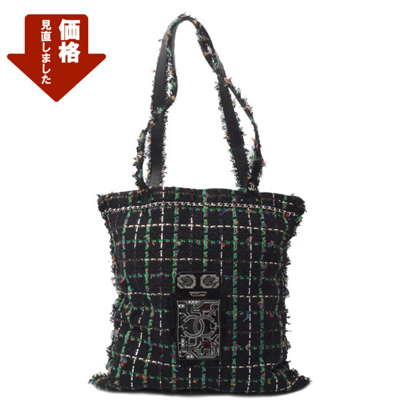 シャネル バッグ レディース メンズ ツイード ロボット デザイン トートバッグ ブラック CHANEL 中古拍卖