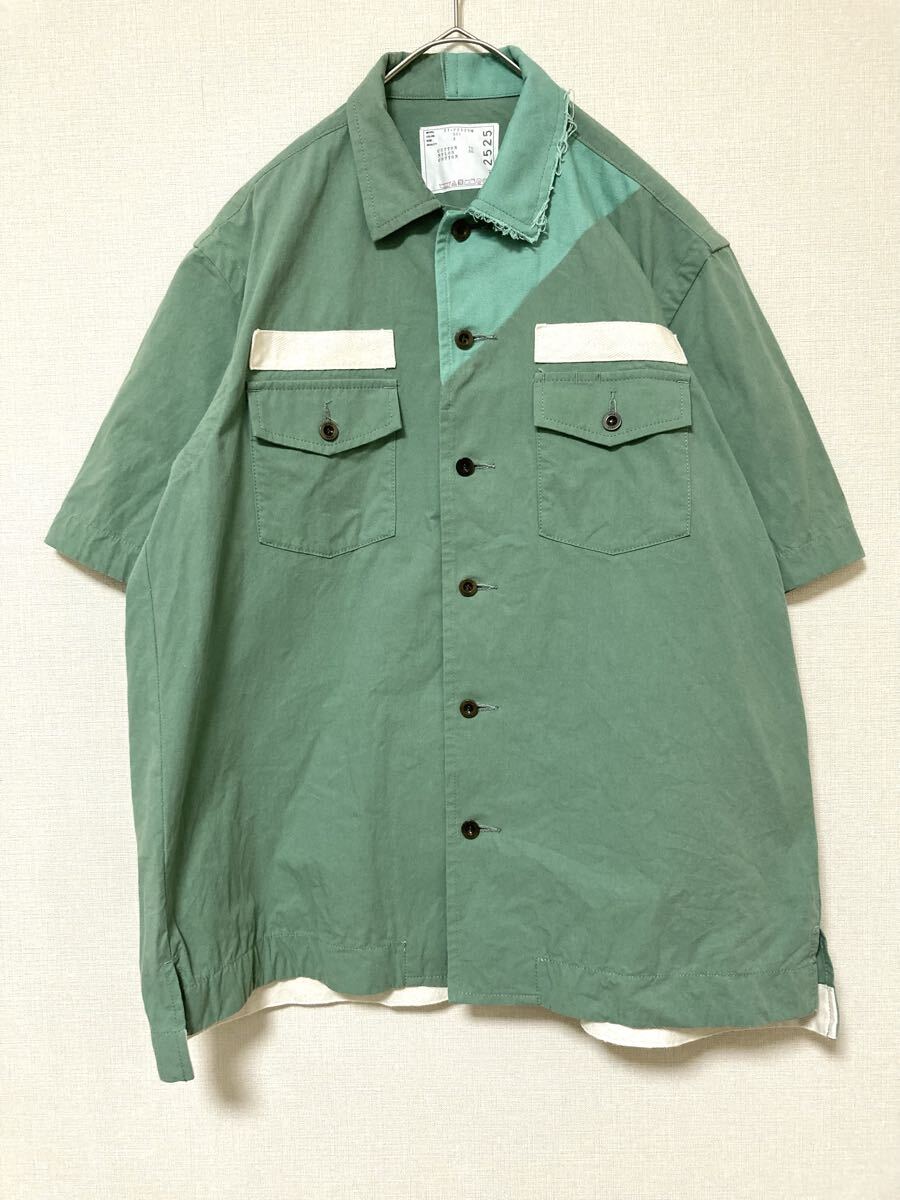 サカイ sacai 切り替え 半袖 シャツ コットン ワイドシルエット メンズ 3 ポケット ワーク 緑 グリーン ミリタリー拍卖