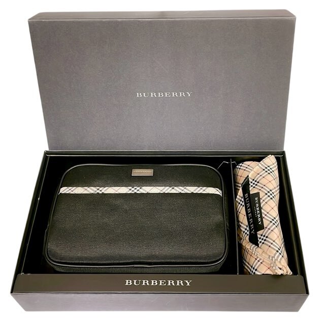 未使用 バーバリー ポーチ ハンカチ セット キャンバス チェック レディース ブラック 黒 ベージュ BURBERRY 【中古】拍卖