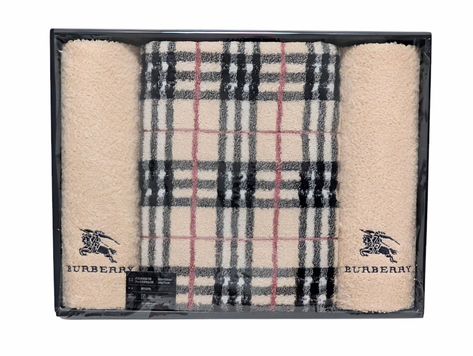 未使用 バーバリー ロンドン タオルセット 3枚 バスタオル フェイスタオル コットン 綿 100% ベージュ チェック 【中古】拍卖