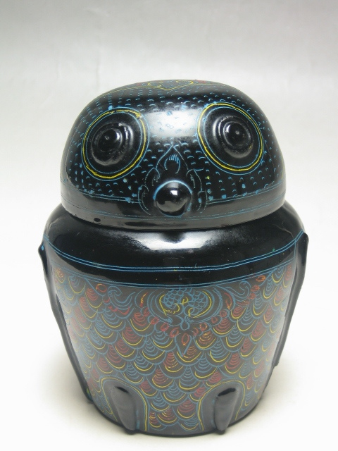 ◎●ミャンマー ふくろう(大) 漆塗り竹製  蒟醤(キンマ)細工   フクロウ 置物 NO.58拍卖