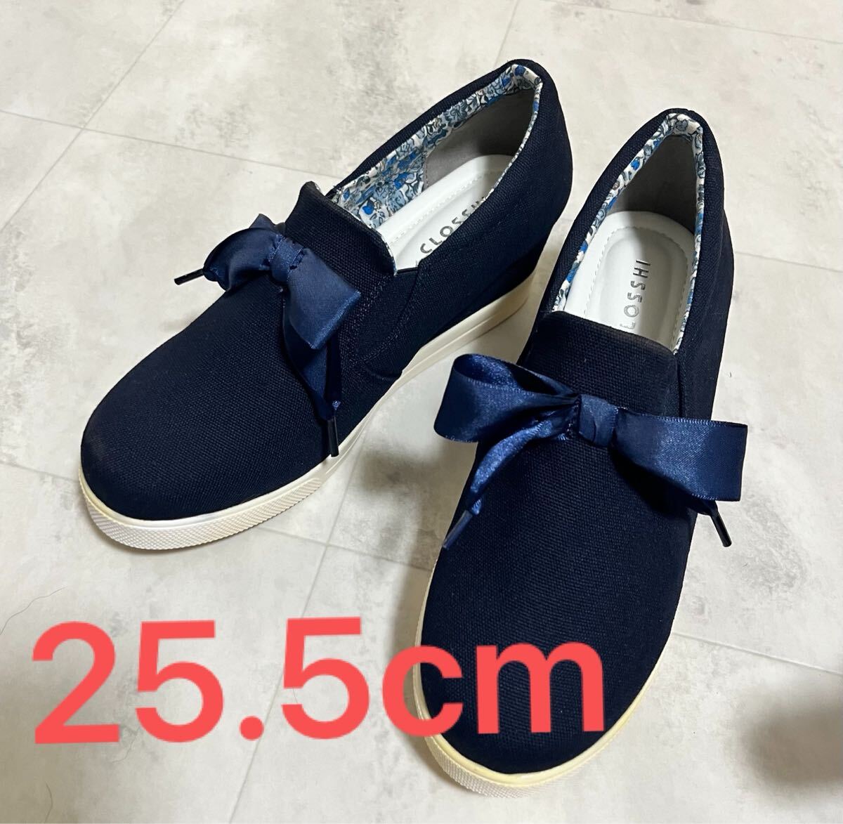 難あり 未使用 リボンスニーカー インヒールスニーカー 紺 ネイビー クロッシー しまむら 41 日本サイズ25.5程度拍卖