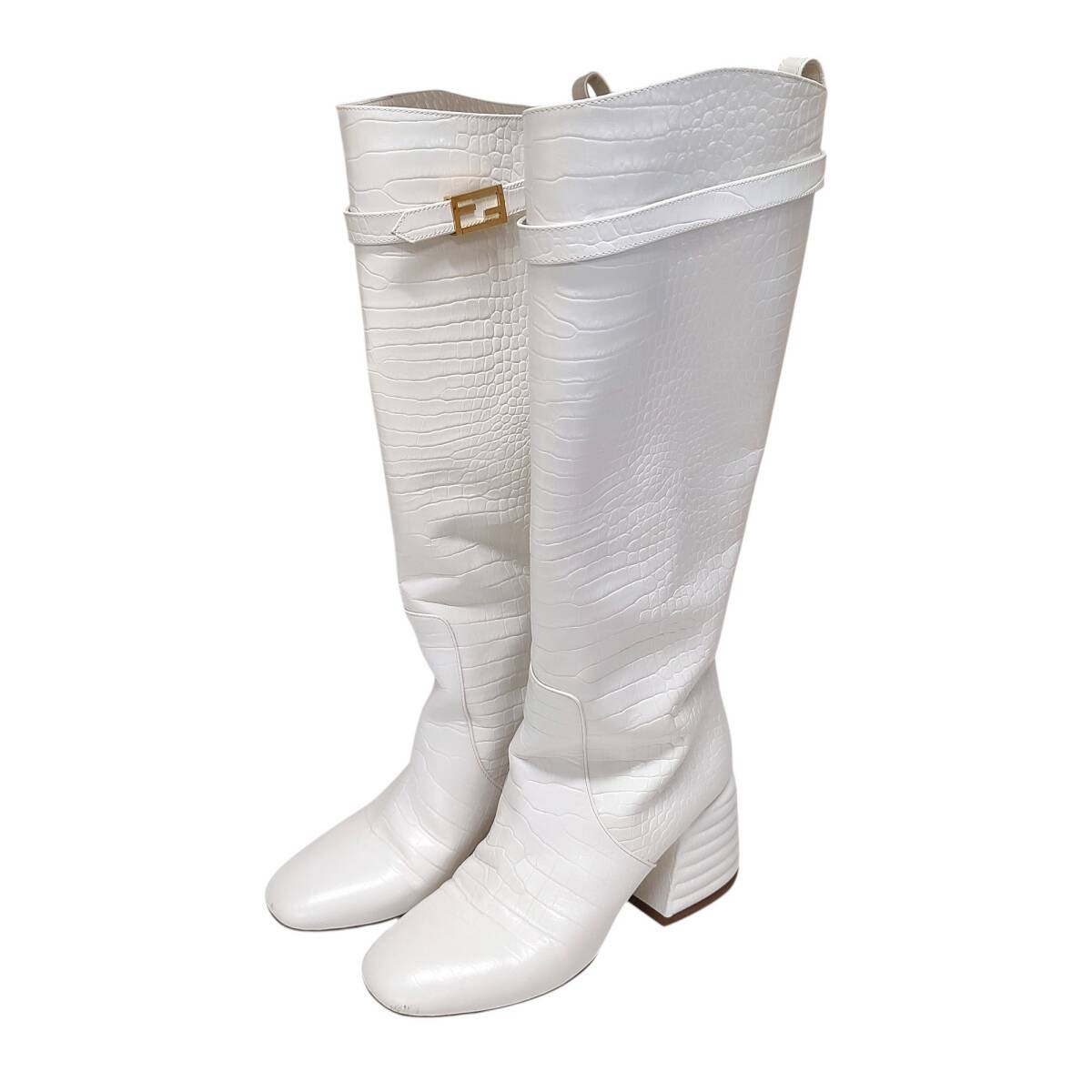 FENDI フェンディ 型押し加工 レザー ロング ブーツ 37 ホワイト レディース拍卖