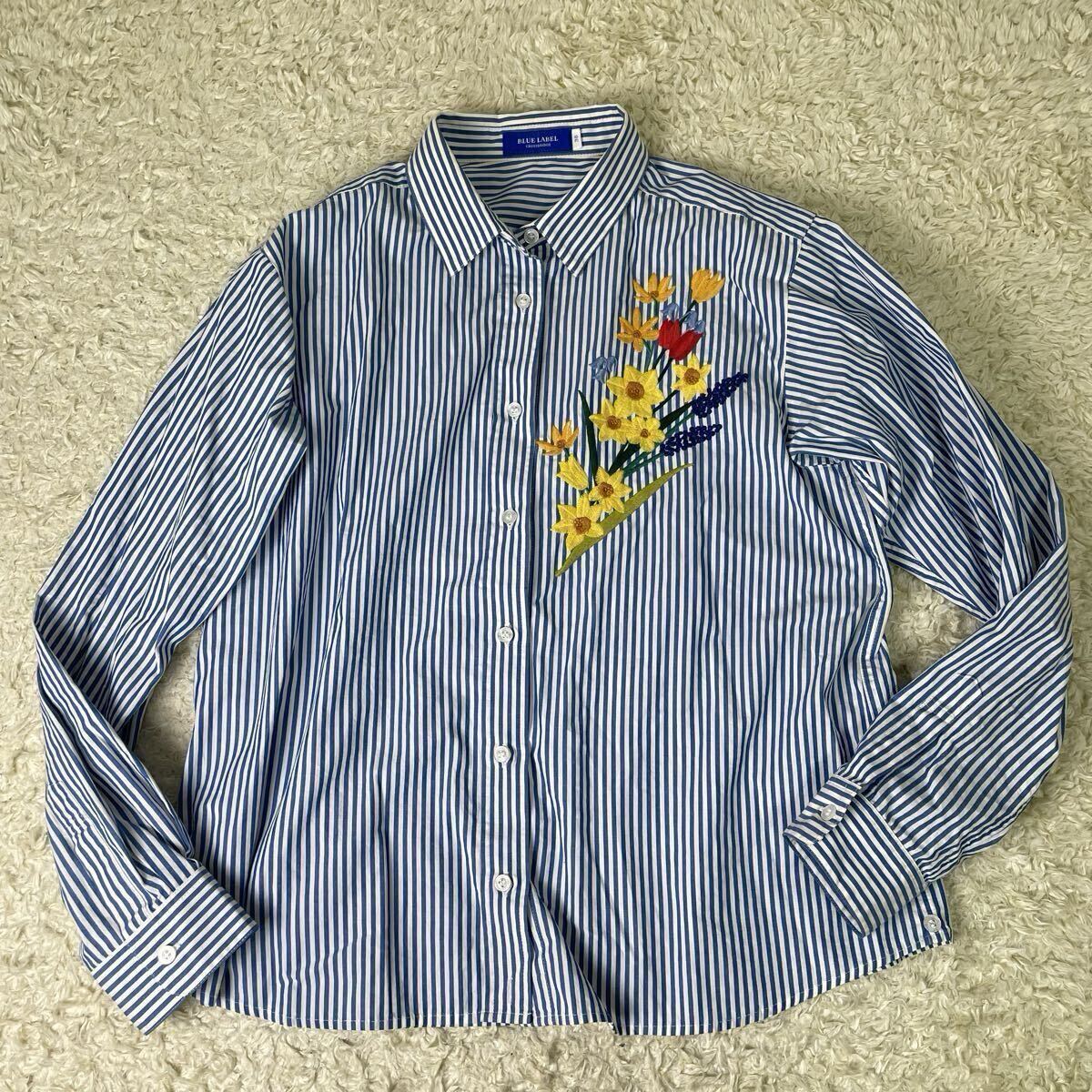 ブルーレーベルクレストブリッジ 三陽商会 ストライプ柄 長袖 シャツ 38 ネイビー×ホワイト BLUE LABEL CRESTBRIDGE レディース拍卖