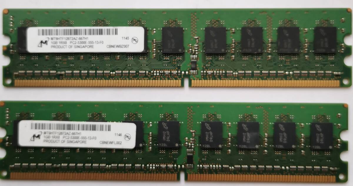 MT9HTF12872AZ-667H1 1GB PC2-5300E-555-13-F0 合計1GB×2=2GB(2点セット)中古(D2025081007)拍卖