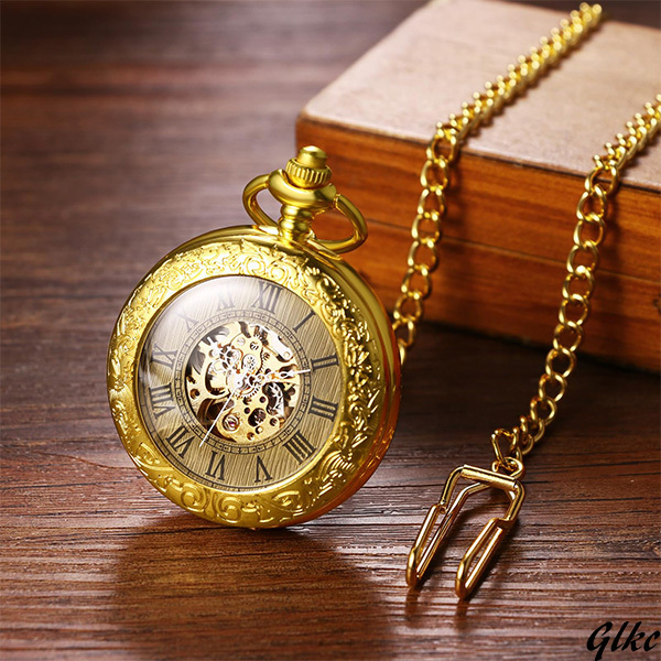 【合金+ステンレス製の高級感ある仕上げ】 懐中時計 自動巻き スケルトン アンティーク ゴールド ポケットウォッチ ネックレス 時計拍卖