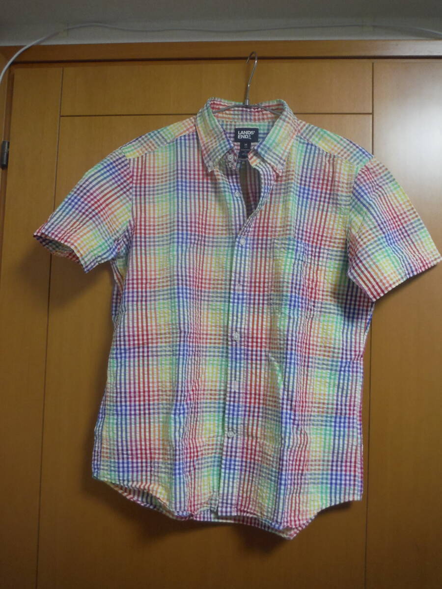 ランズエンド シアサッカー ボタンダウン ギンガムチェック 半袖 M拍卖