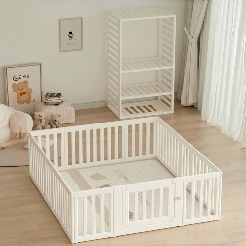 【内径180*200cmベビーサークル+厚み1cmプレイマット】ベビーサークル 変形可能 収納棚へ変身可能 扉付き ベビーゲート ベビーフェンス 拍卖