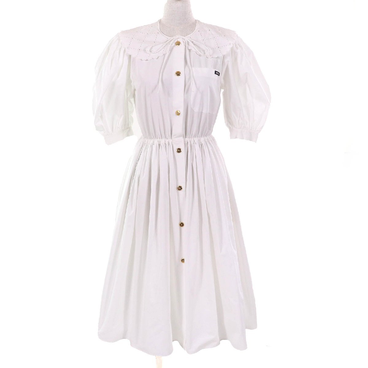 未使用△Miu Miu ミュウ ミュウ 22SS MF4512 コットン100% 襟エンブロイダリー ロゴ パフスリーブ ポプリン ドレス ワンピース 36 正規品拍卖
