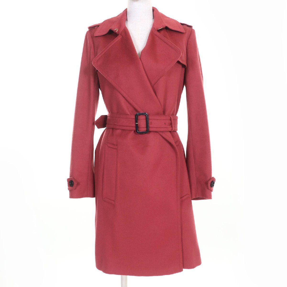 美品☆BURBERRY バーバリー 4023676 カシミヤ100% ロゴボタン・ベルト付 トレンチ ラップコート レッドブラウン系 40 正規品 レディース拍卖