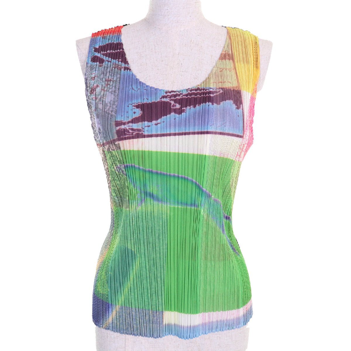 極美品△PLEATS PLEASE プリーツプリーズ イッセイミヤケ PP12-JK611 総柄 ノースリーブ カットソー トップス マルチカラー 3 正規品拍卖