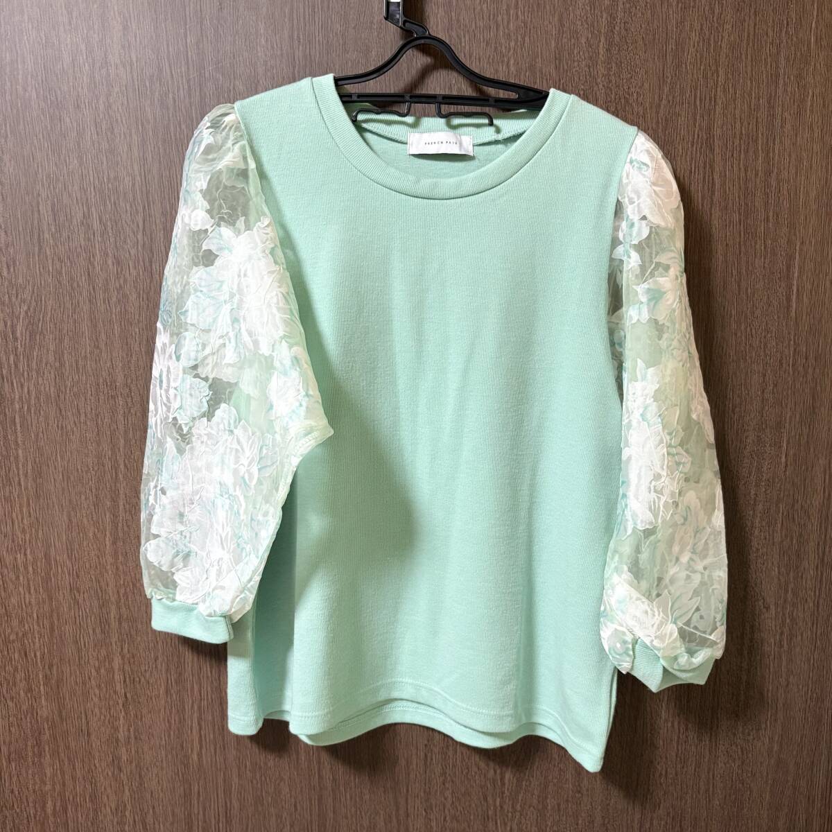 新品★French PAVE フレンチパヴェ花柄レースシースルー袖ニット ミントグリーン CAWAII カワイイ拍卖