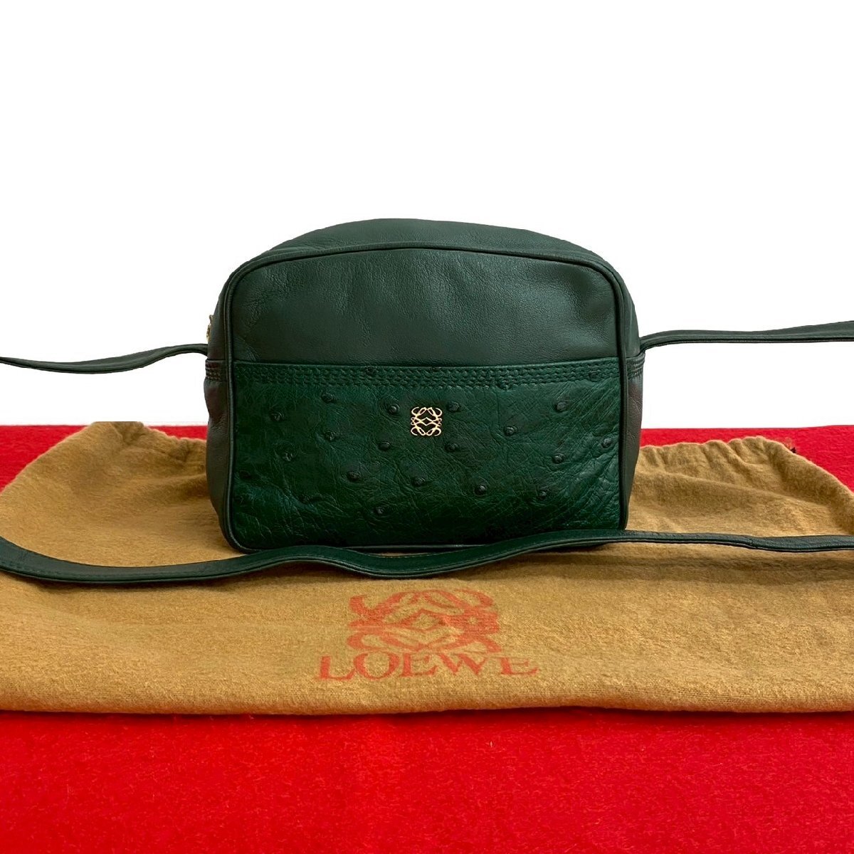 未使用保管品 袋付 LOEWE ロエベ ヴィンテージ アナグラム ロゴ 金具 オーストリッチ ナッパ レザー ミニ ショルダーバッグ グリーン 18223拍卖