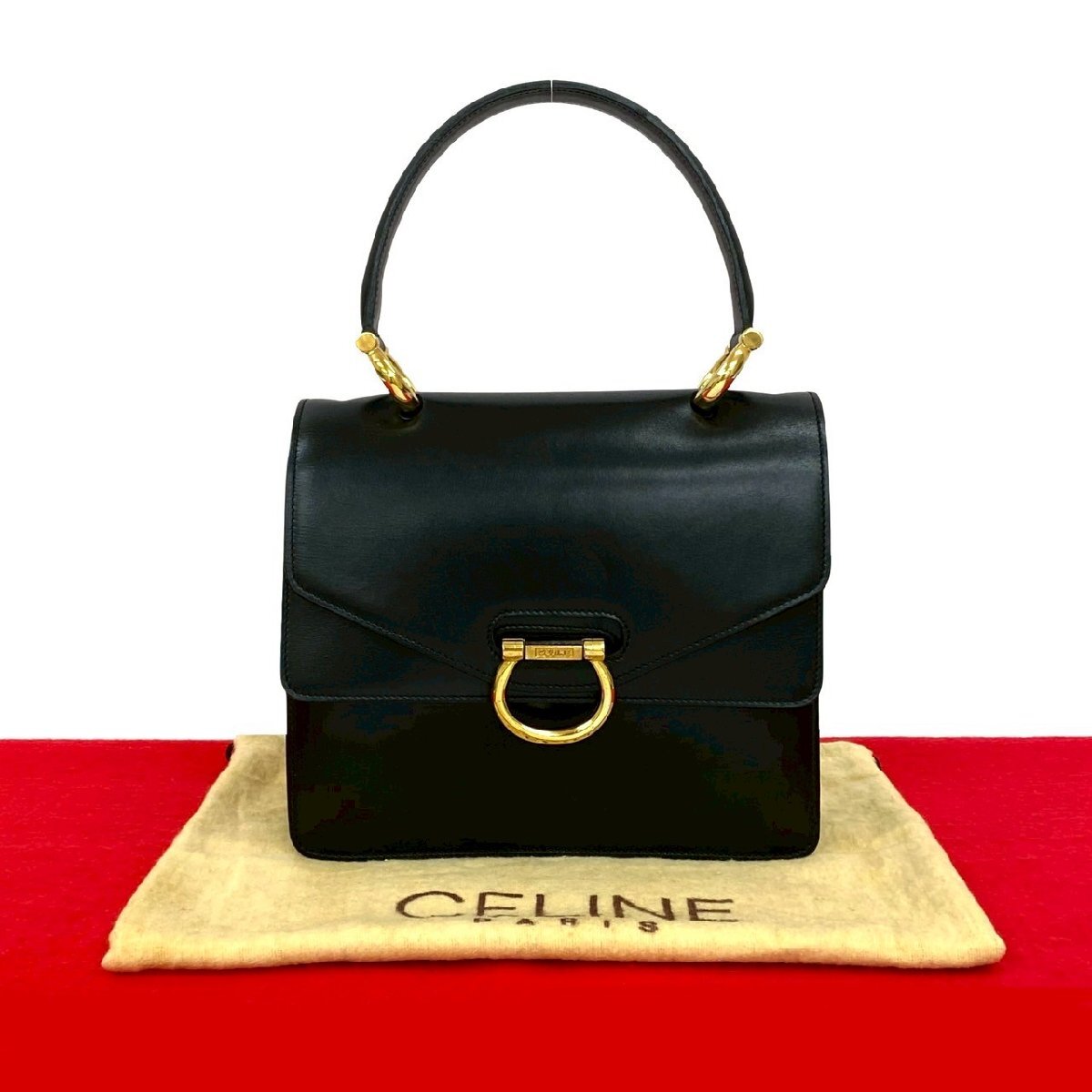 極 美品 袋付き CELINE セリーヌ ヴィンテージ ロゴ 金具 カーフ レザー 本革 ハンドバッグ ミニ トートバッグ ブラック 黒 389-8拍卖