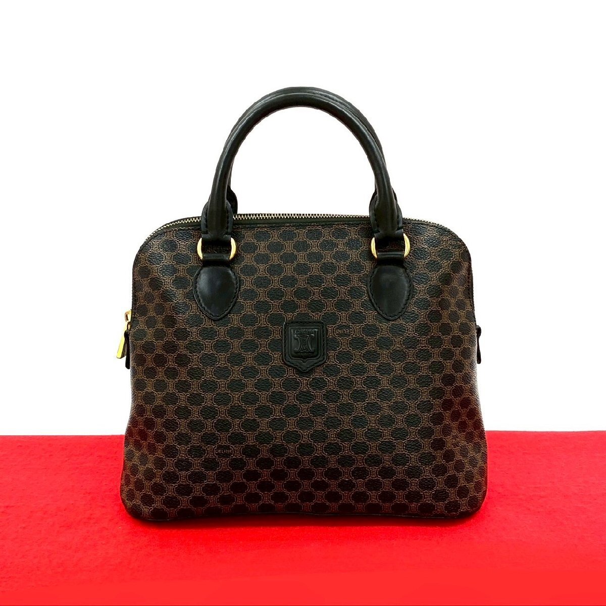 極 美品 CELINE セリーヌ ヴィンテージ マカダム ブラゾン トリオンフ 柄 レザー ハンドバッグ ミニ トートバッグ ブラック 23005拍卖