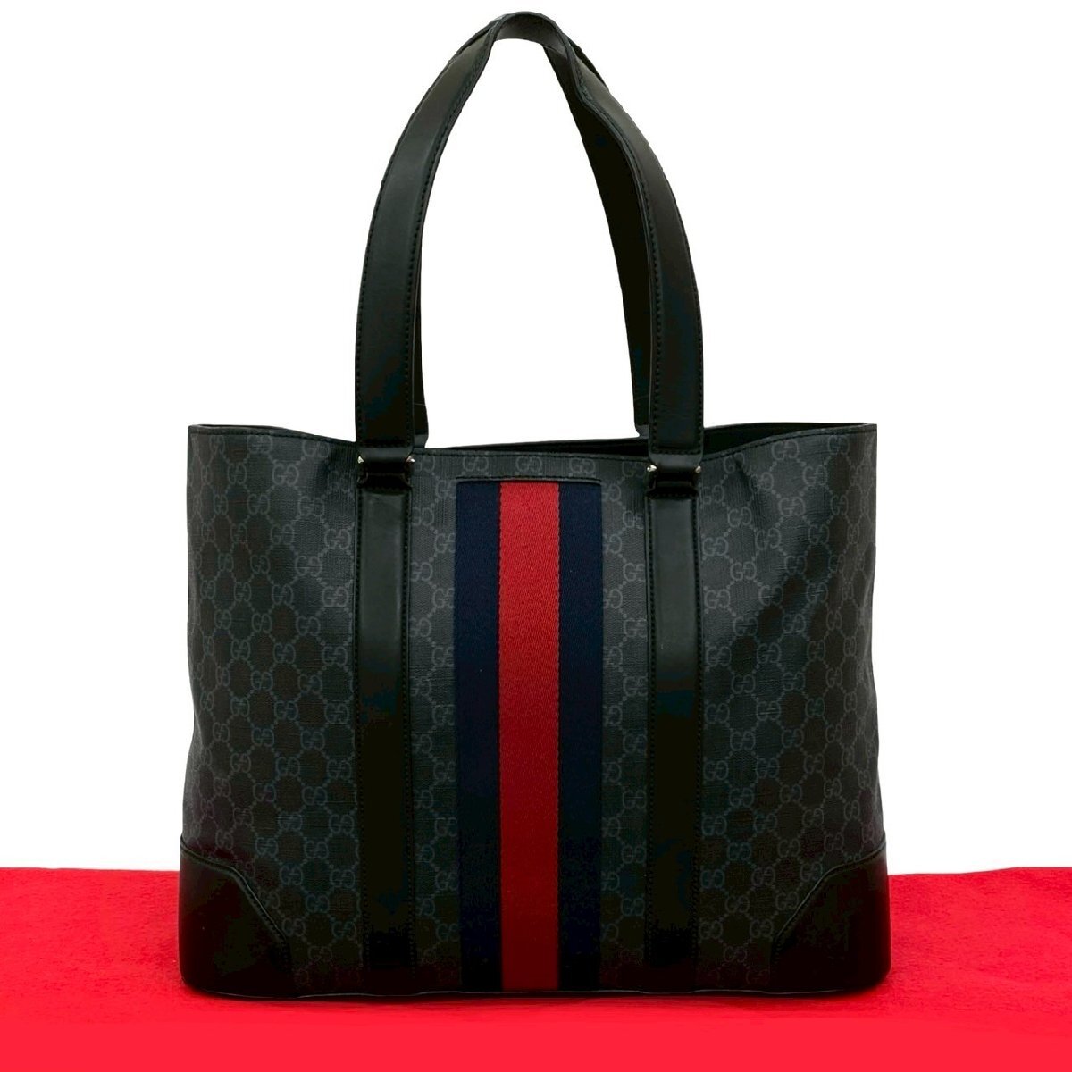極 美品 GUCCI グッチ シェリーライン GGスプリーム ロゴ レザー トートバッグ ハンドバッグ ビジネスバッグ A4収納可能 ブラック 77672拍卖