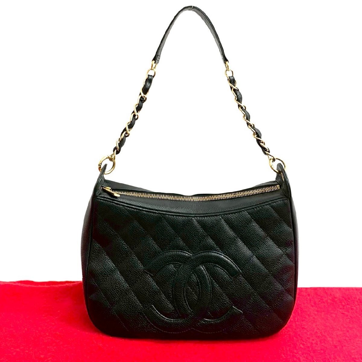 極 美品 シール有 8番台 CHANEL シャネル ヴィンテージ マトラッセ ココ キャビアスキン レザー チェーン セミ ショルダーバッグ 黒 763-5拍卖