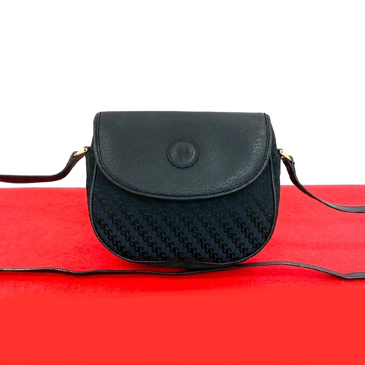 極 美品 GUCCI グッチ オールドグッチ ヴィンテージ GG ロゴ レザー 本革 キャンバス ショルダーバッグ ポシェット ダークネイビー 45773拍卖